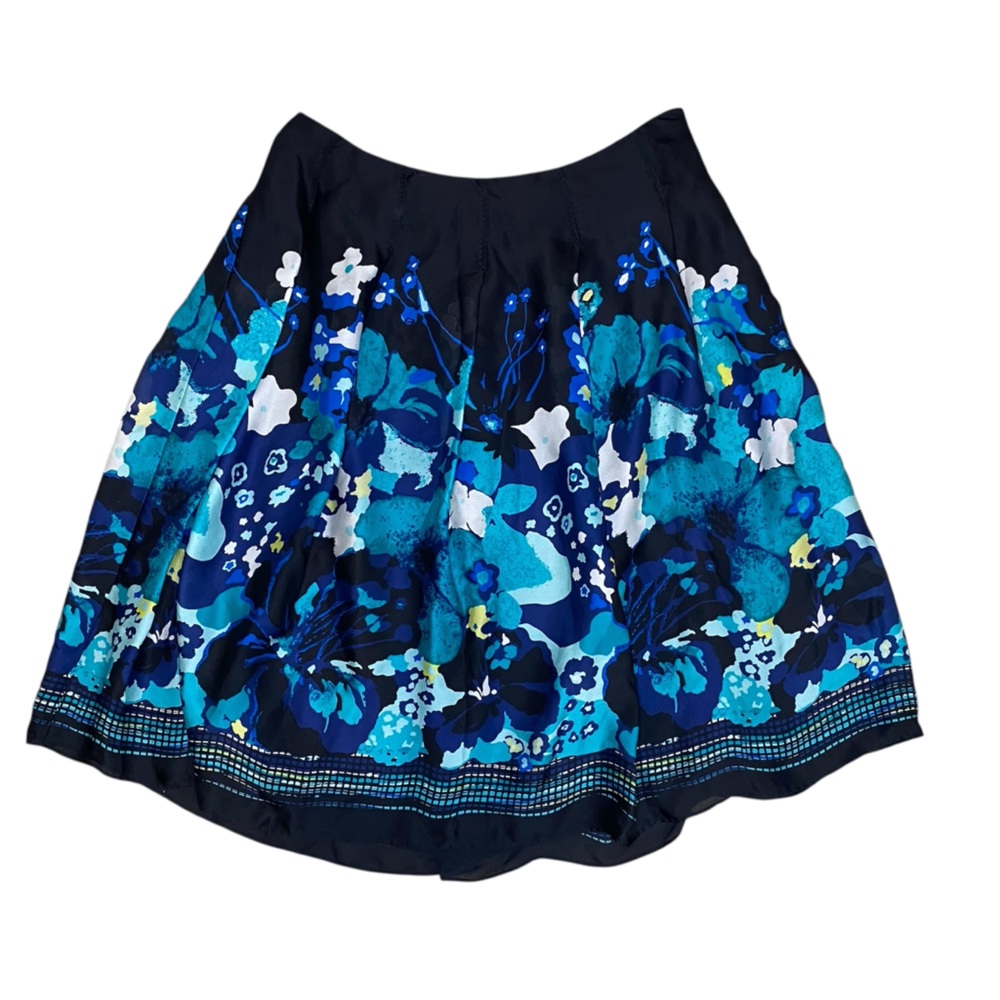 Alfani Silk A-Line Knee Length Pleated Skirt in Blue Floral